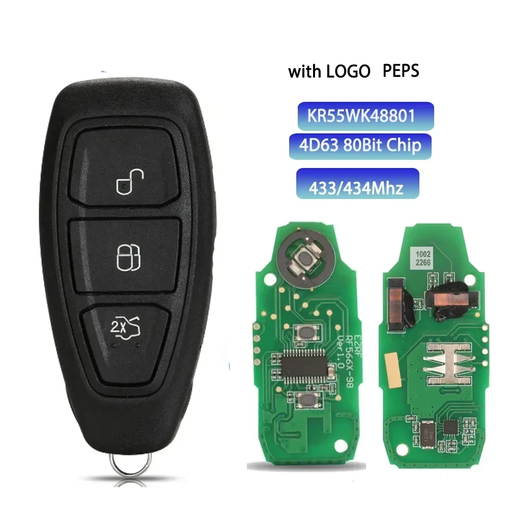 BB Key for Ford Focus C-Max Mondeo Kuga Fiesta B-Max 433/434MHz 4D63 80bit Chip FCC ID:KR55WK48801 with logo Keyless Smart Key