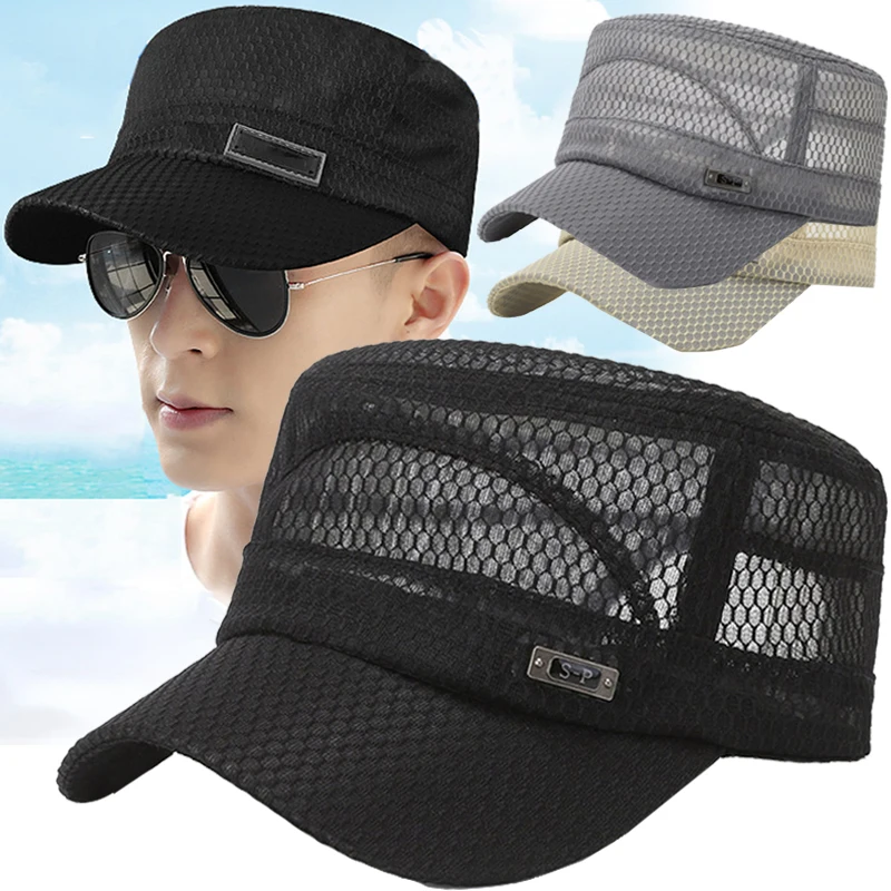 Mannen Snapback Caps Vrouwen Vintage Mesh Platte Top Leger Zonnehoed Zomer Buiten Fietsen Vizier Cap Casual Sport Solide Militaire Pet