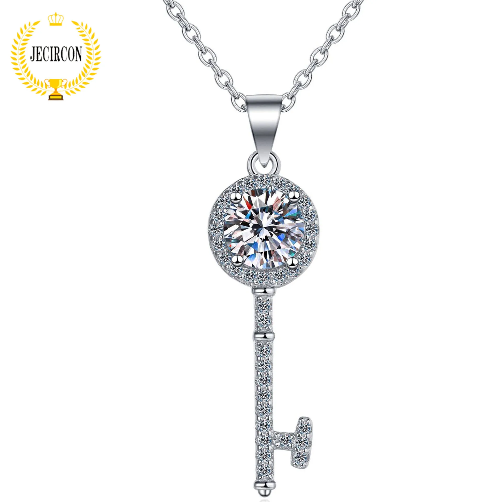 

JECIRCON 925 Sterling Silver Moissanite Necklace for Women Korean Version PT950 Gold Plated 0.5/1ct Key Pendant Clavicle Chain