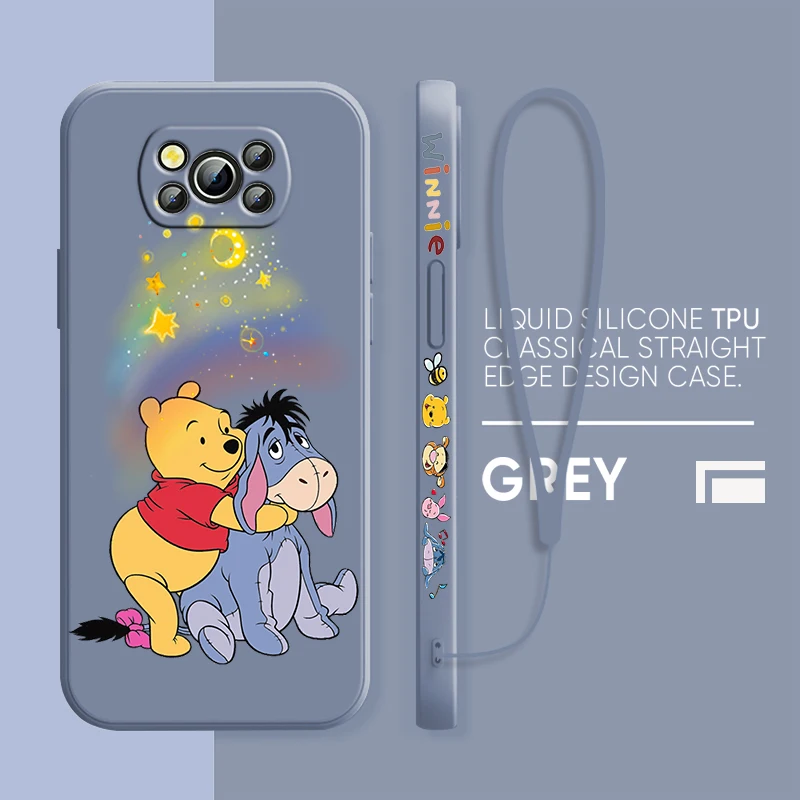 Cute Pooh Bear Disney For Xiaomi Poco Cover For X4 X3 F4 NFC M6 M5 M4 M3 GT S Pro Liquid Left Rope 4G 5G Phone Case