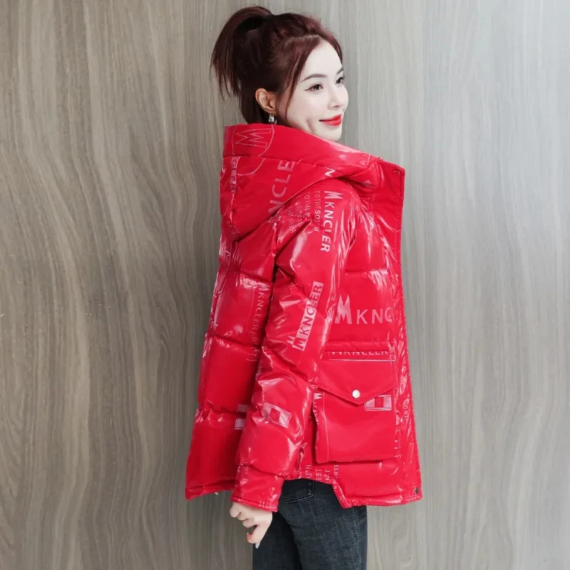 

Winter Hooded Coat 2025 New Women's Glossy Letter Down cotton Jacket Warm Thick Coat Women Short Jackets Female Loose Outwear
