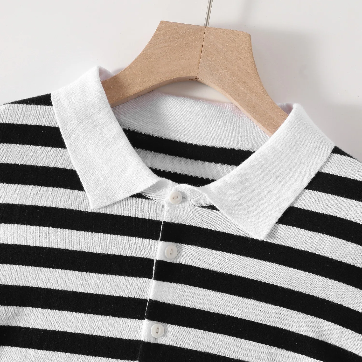 Vintage black and white striped short-sleeved loose breathable casual upper knit polo shirt