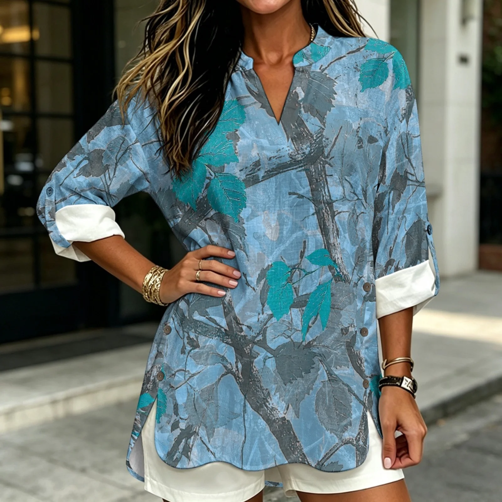 PENSTROLL Blue Teal Leaf Pattern Linen Like Causal Shirt Roll up Long Sleeve Blouse for Women Sizes S-5XL