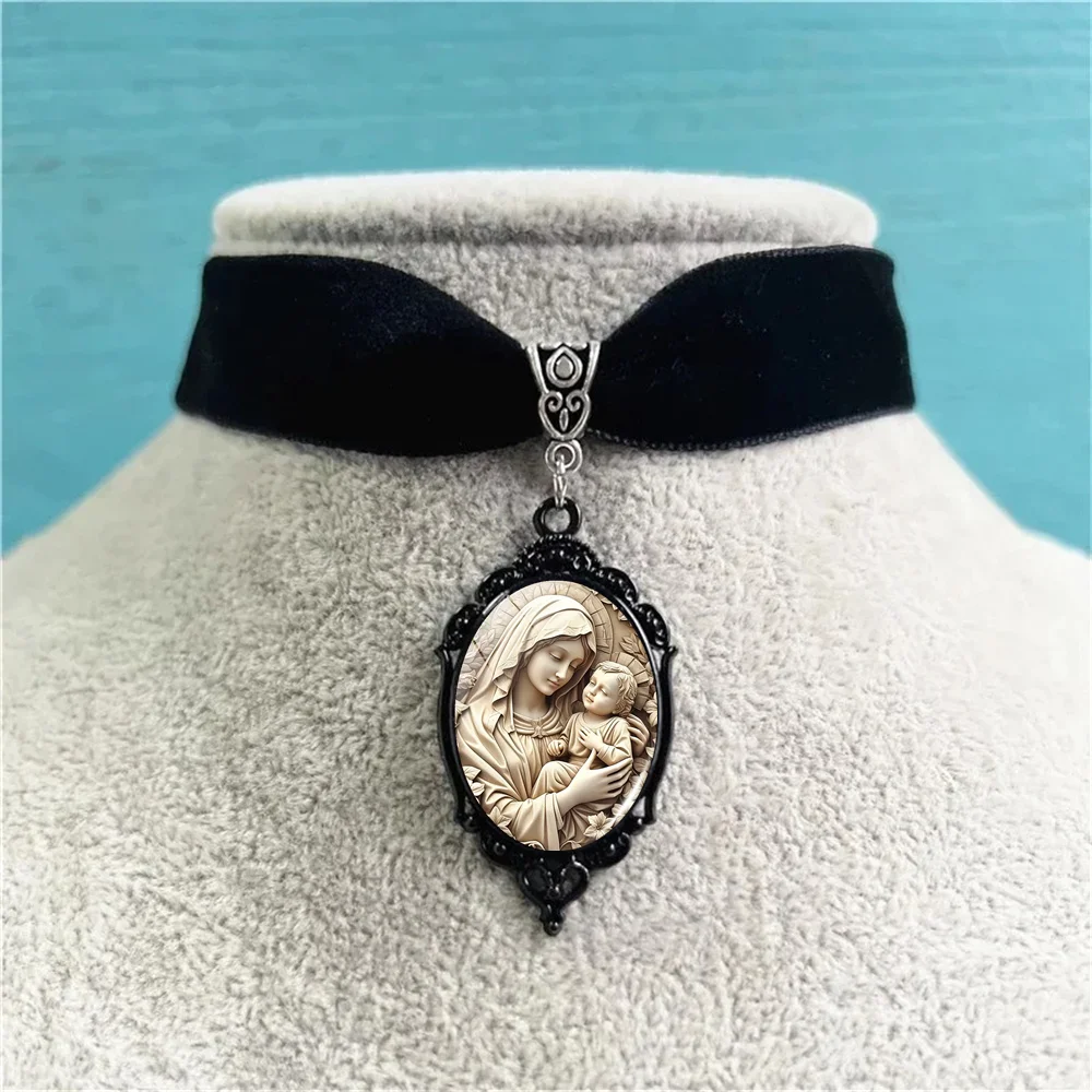 Collar de felpa negro de la Virgen María Vintage, colgante elíptico con gema del tiempo, diseño único gótico para mujer, regalo de joyería