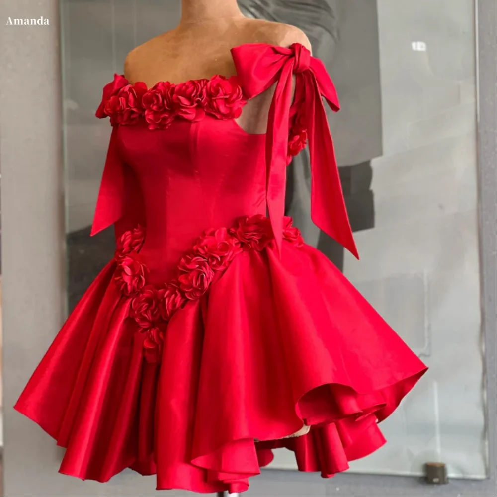 

Amanda Customized Red 3D Flowers Bow Skirt Ball Gown robes de soirée Satin Backless Party Dresses Strapless After Party 2024