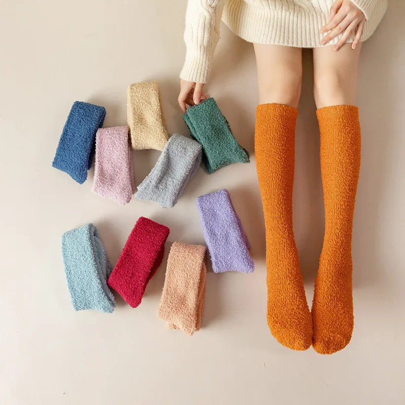 Long Women Winter Sock Solid Color Warm No shedding Coral Fleece Plush Sleep Floor Socking Girl Thick High Sock Student Socken