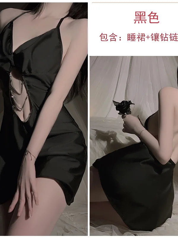 Sexy Deep V Temptation Hollow Diamond Chain Decoration Hanging Neck Wrap Hip Dress Elegant Solid Black Off Shoulder Dresses PM7H