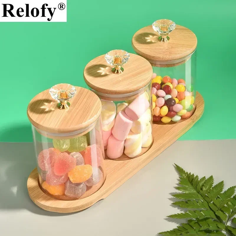 1/3pcs 400mL Glass Food Storage Tank with Bamboo Lid Kitchen Coffee Beans Candy Tea Grains Canister Home Snacks Nut Storage Jar