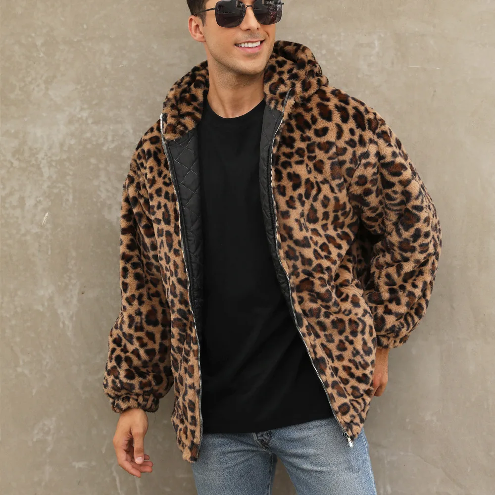 Autumn and Winter Warm Plush Leopard Print Jacket Imitation Fur Zipper Hooded Jacket for Men