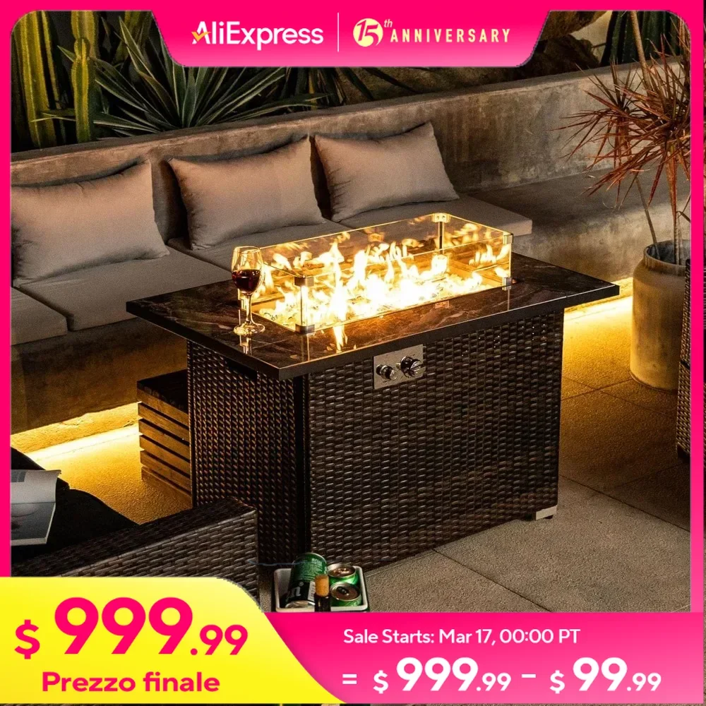 44inch Outdoor Fire Pit Table with 50,00BTU Stainless Steel Burners，Propane Fire Table with Ceramic Tabletop，Gas Fire Table