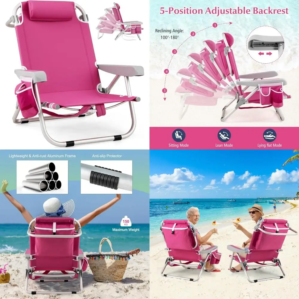

Folding Backpack Beach Chair for Adults - 330lbs Capacity with 5-Position Backrest, Storage Pockets, Towel Bar, Headrest, and Co