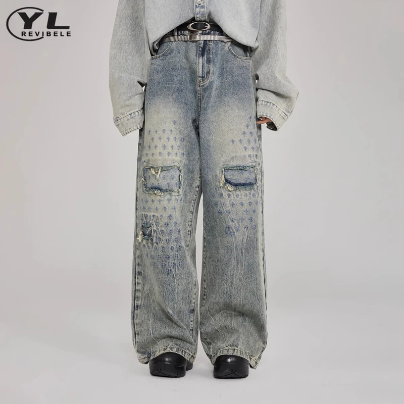 Fun Star Embroidery Jeans Man Woman Spring High Street Straight Hole Wash Denim Pants Harajuku High Waist Wide Leg Trousers New