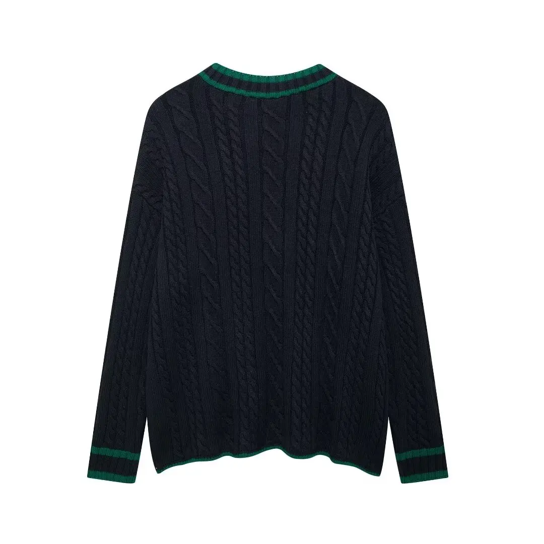 PB & ZA-Cable Rope Pattern Knitted Cardigan Sweater for Women, Casual Female Outerwear, Chic Tops, New Fashion, Autumn, 2024