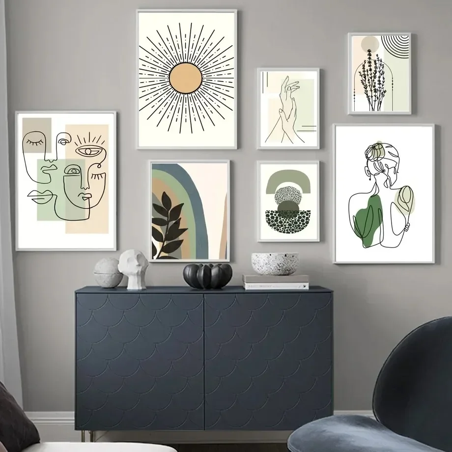 Grünes Mädchen, Sonnenblätter, abstrakte Linie, geometrische Kunst, Leinwandgemälde, nordische Poster und Drucke, Wandbilder für Wohnzimmer, Dezember
