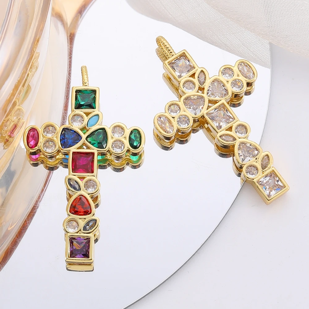 Juya 18K Real Gold Plated Religious Rosary Jewelry Components Handmade Cubic Zirconia Catholic Christian Crosses Charms Supplies