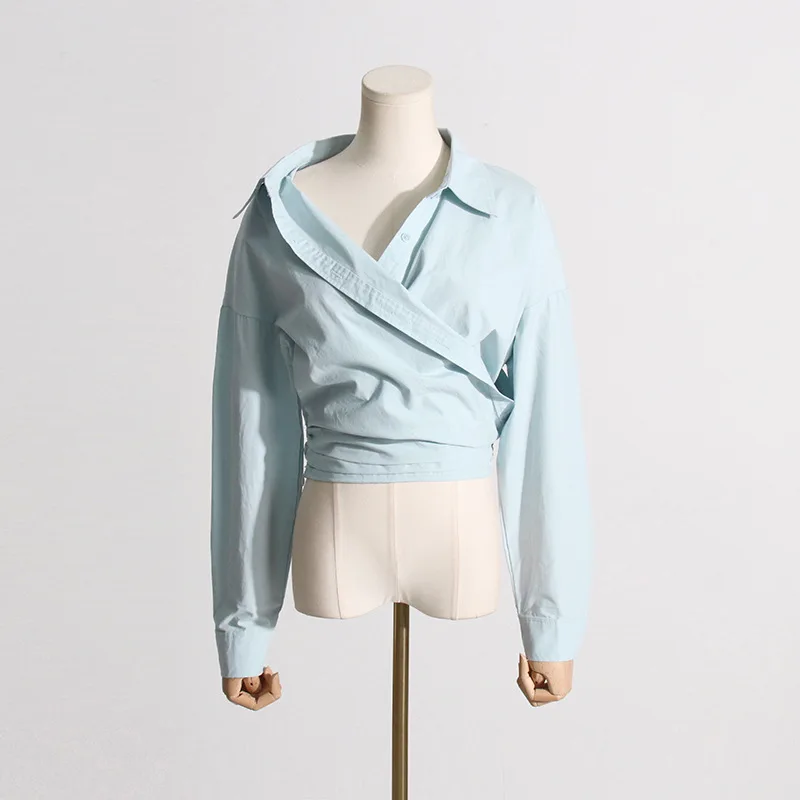 HKSH 2025 Spring New Women Niche Design Irregular Cross Off Shoulder Tops Design High Sense Long Sleeve Shirt Chic Shirts HK4303