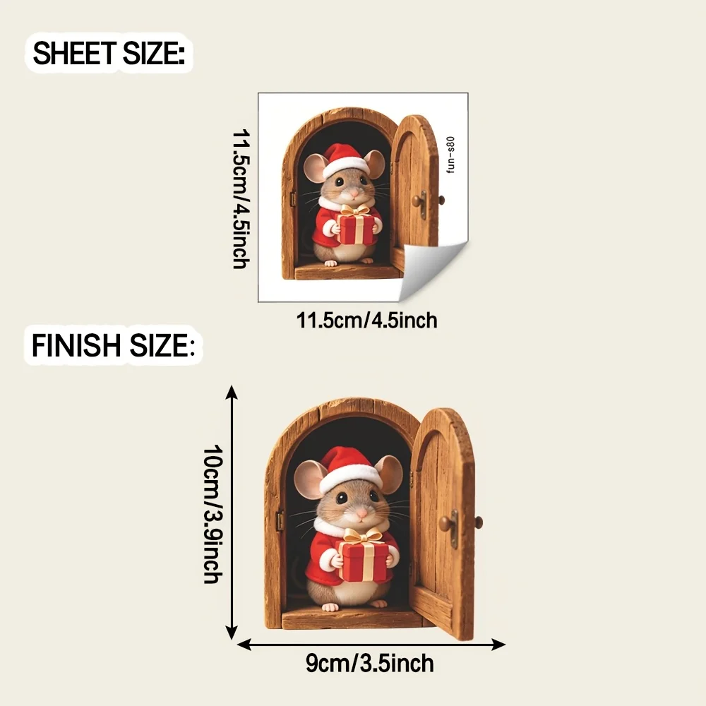 1pc 2D Wall Sticker,Wooden Door Interior Wearing Christmas Suit Mouse Holding Ribbon Gift Box, Visual Layered Realistic And Soft