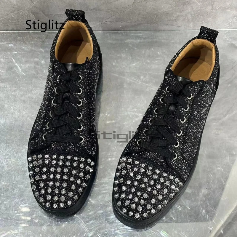 

Rivet Glitter Low Top Men's Shoes Black Breathable Flats Casual Sneakers Shoes Lace Up Couple Shoes Women Single Shoes Spring