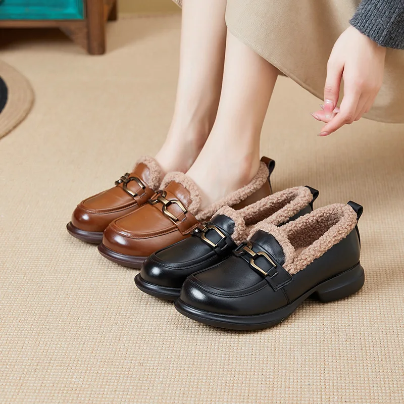 Spring Shoes Female British Style Thick-soled College Style Casual Loafers winter Genuine Leather cotton shoes Fashion Shoes Gir