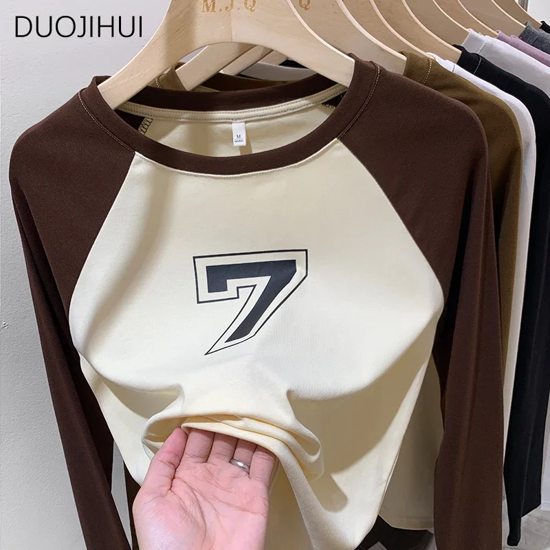 DUOJIHUI American Vintage Spell Color Female T-shirts Autumn New Basic O-neck Simple Fashion Letter Print Casual Women T-shirts