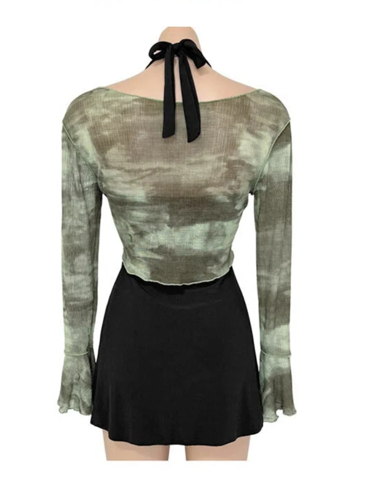 Long Sleeve Swimsuit Set 2-Piece UPF Cover Up for Hot Spring Korean Tie-Dye Swimsuit Sexy Solid Black Sundress Mini Dress Femme