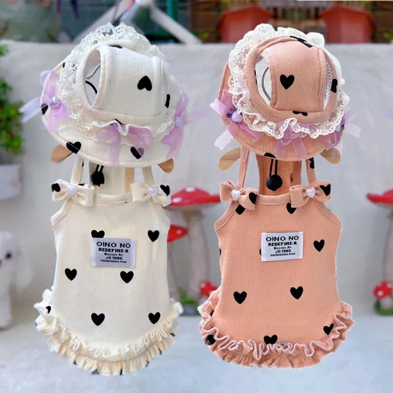 

1/Set Pet Love Lace Clothes Summer Strap Dress Cute Hat Set Dog Clothes Small Dog High Elastic Strap Dress Cat Princess Vest