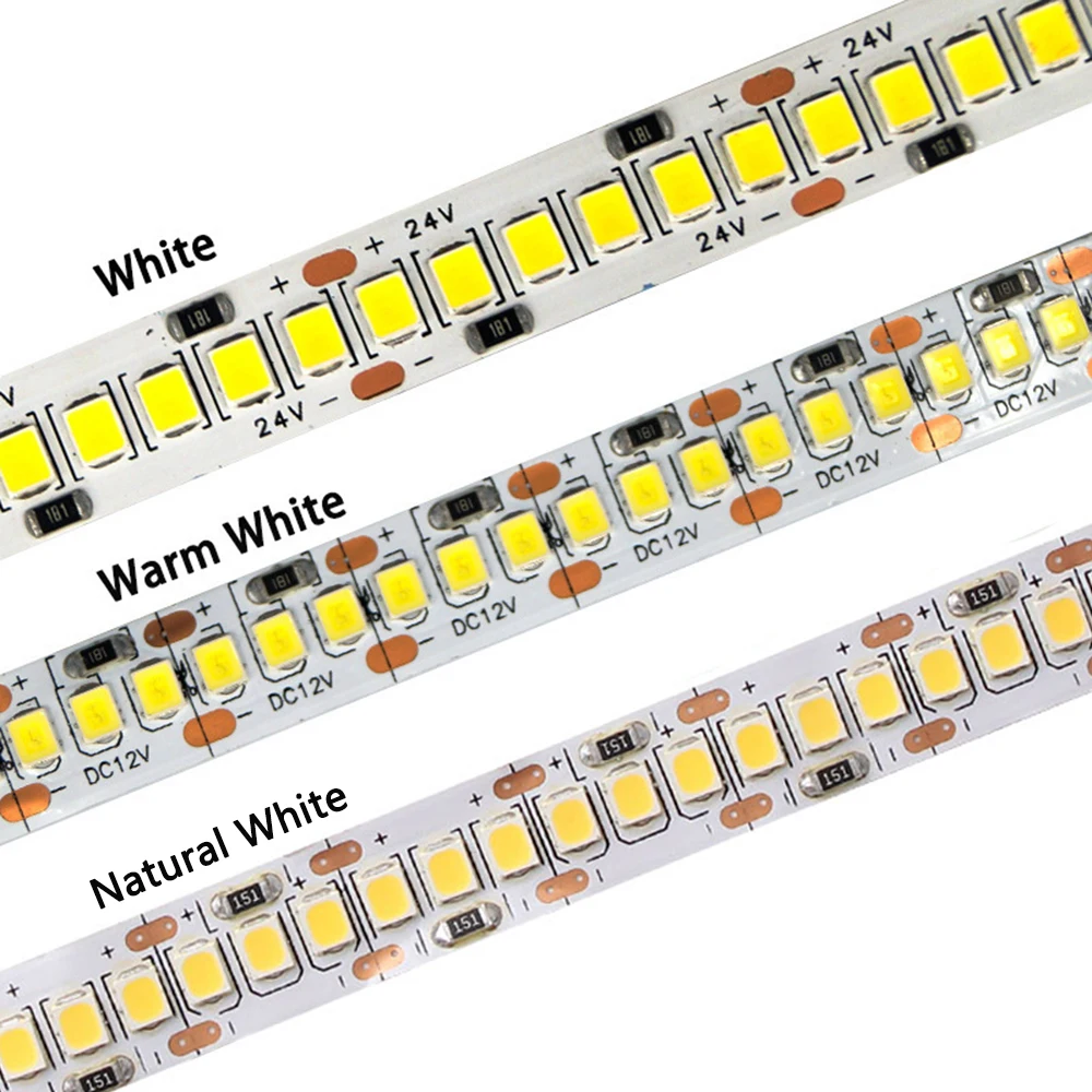 Tira de luces LED Flexible para decoración del hogar, cinta de luz LED de 12V, 24V, SMD 2835, 5M, impermeable, blanco cálido, 60/120/240/480 LED/M