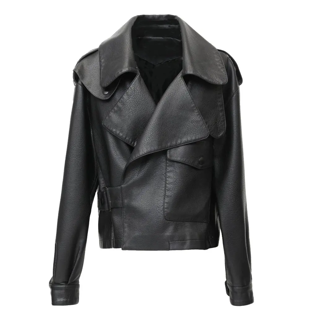 Kafu Landi Jaqueta de couro feminina estilo coreano outono/inverno casaco PU Jiang Shuying Textura 7009 Padrão