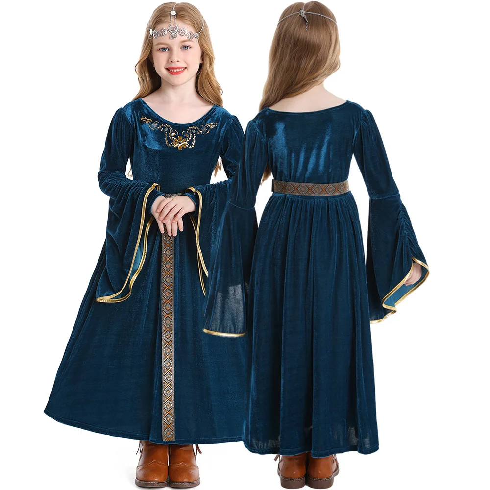 New Child Kids Renaissance Medieval Princess Dress Robe Costume for Girls 4-12T Red Blue With Headpiece 3pcs/set