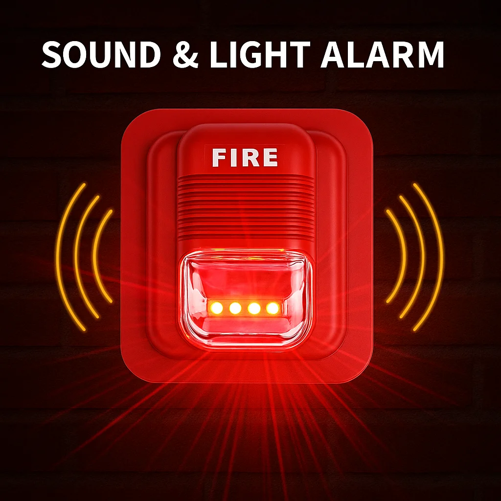 110dB Fire Alarm Siren with LED Strobe | 9–24V DC Non-Encoded Sound and Light Alarm | Wall Mount Fire Security Device