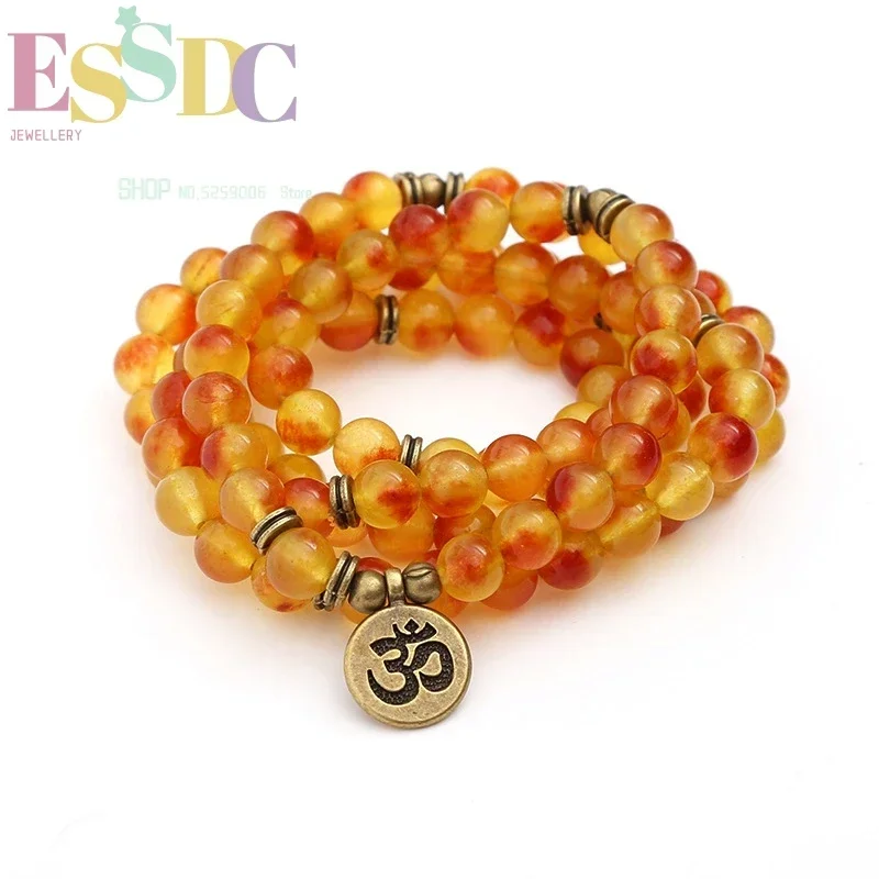 Natural Stone Buddhist 108 Mala Mashan  Sunset Glow Red OHM  Fashion Women's Chakra Yoga Healing Bracelet Wholesale