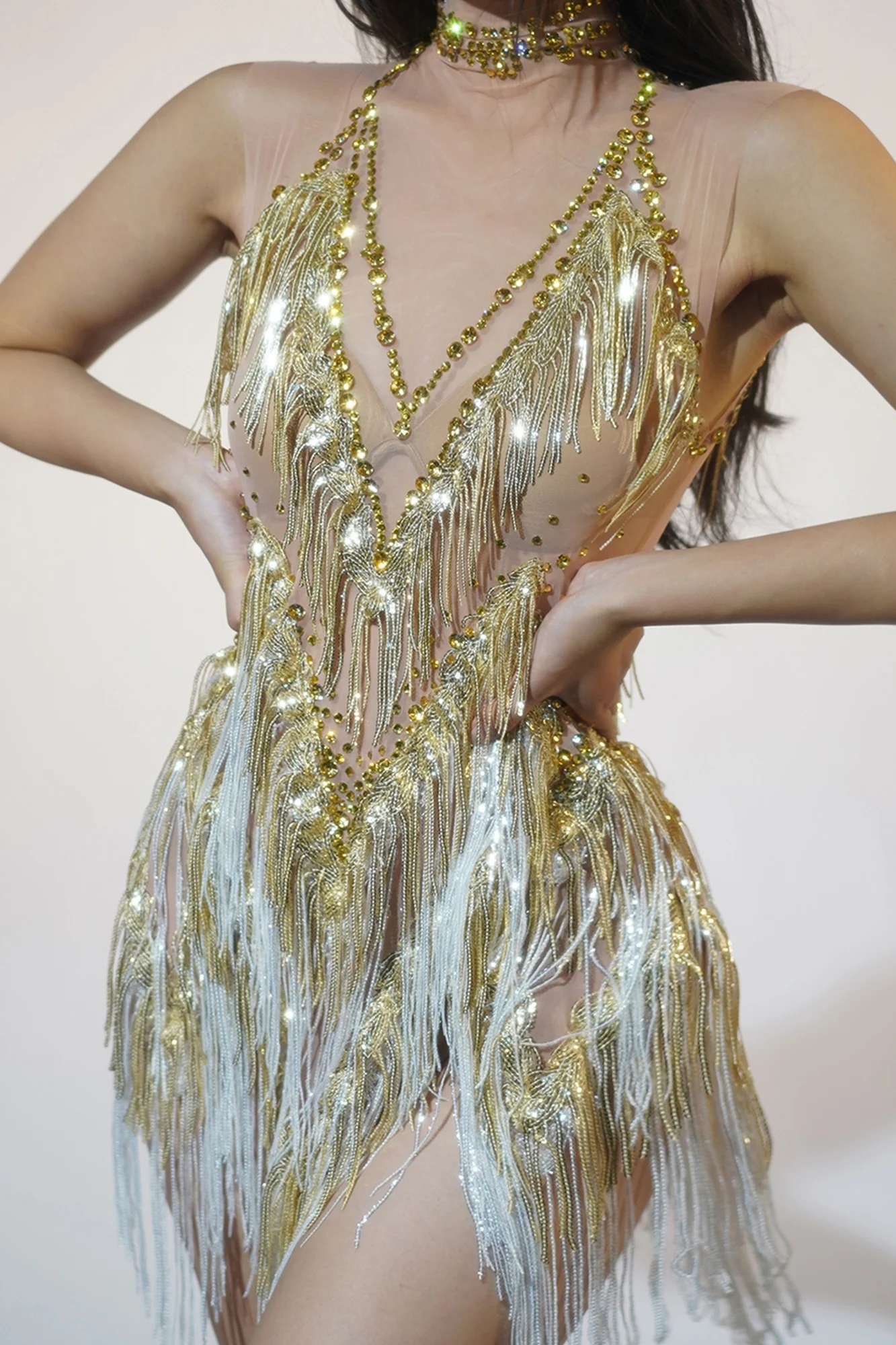 2025 Goldedn Omzoomde Feestjurk Vrouwen Gogo Danser Kleding Festival Bodysuit Siner Stage Performance Jurk Nachtclub Bar Outfit