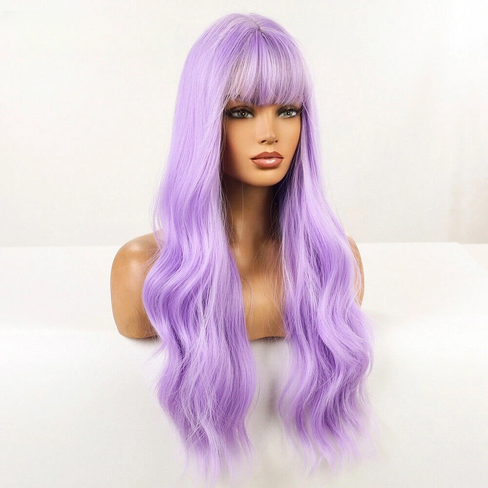 Lange Body Wave Paarse Pruiken Met Pony Voor Vrouwen Cosplay Party Lolita Synthetische