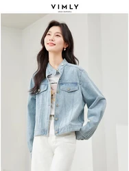 Vimly Light Blue Denim Jacket for Women Stand Collar Cotton Washed Short Jean Coat 2024 Spring Casual Loose Outerwear 30126