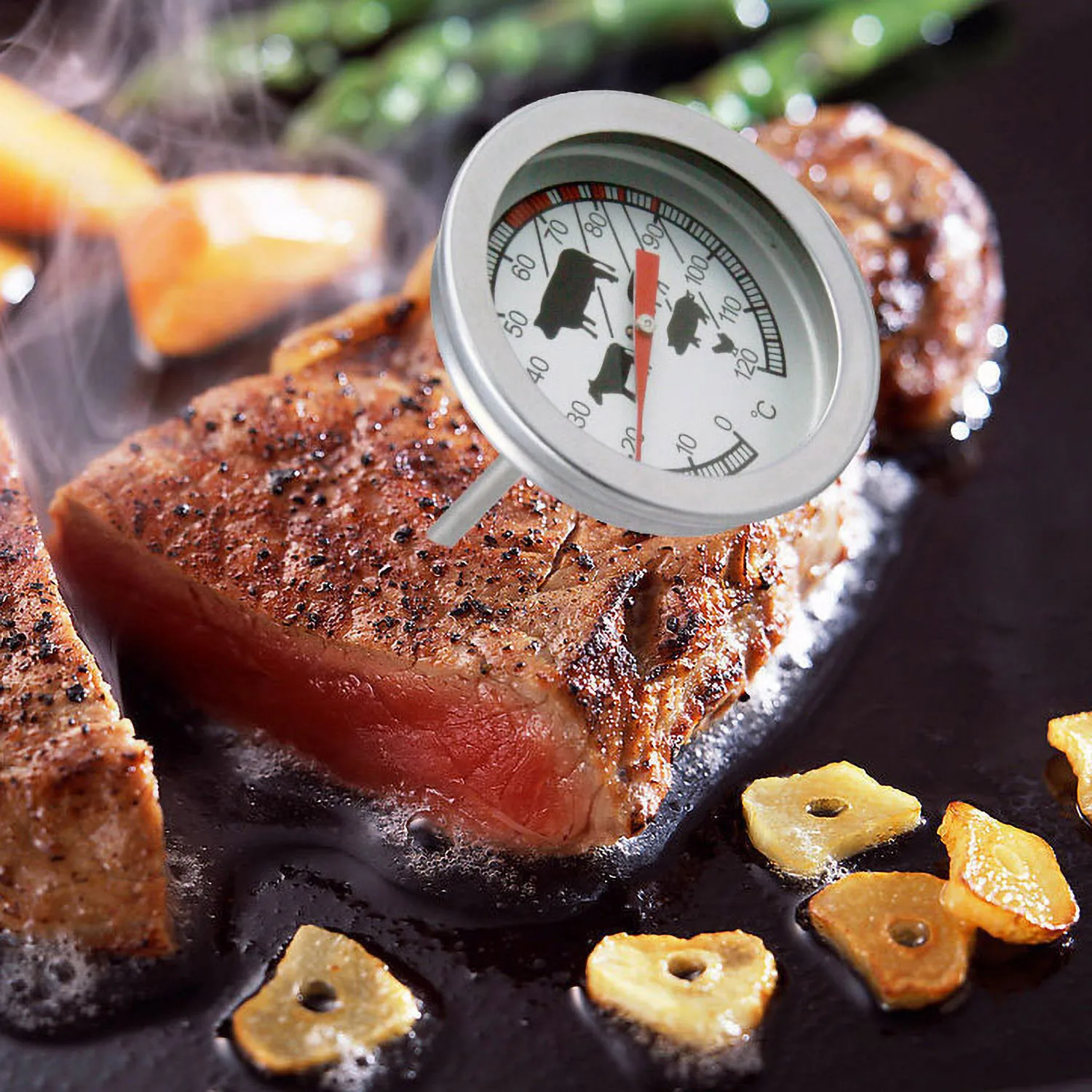 Digital food thermometer for cooking meat, for oven, barbecue, grill, timer function with probe, calorimeter