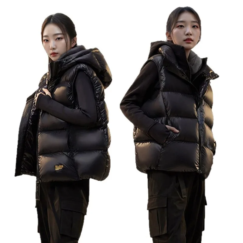 Gilet en duvet de canard blanc pour femme, veste d'hiver sans manches à capuche, gilet en plumes de canard dвухсто declaraняя (13)ка