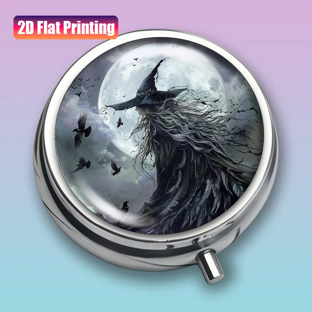 1Pc Flat Printing Mini 3-Compartment Portable Pill Box, Earring Storage Box, Black Witch Silhouette Pattern, Travel Pill Box, Suitable for Various Occasions, Exquisite and Convenient, Ideal Small Gift