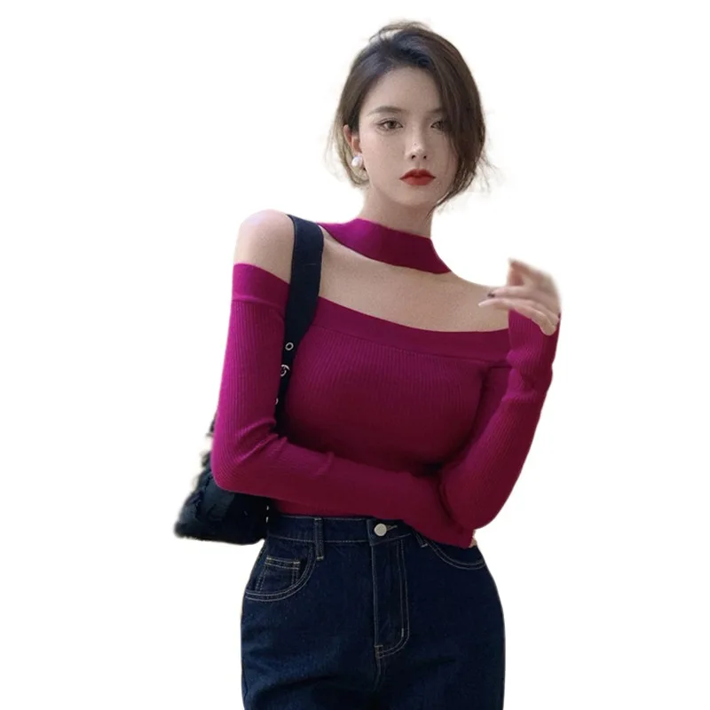 Women\'s Long Sleeve Cold Shoulder  Pullovers Sweater Breathable Women\'s Halter Neck Backless Loose Sweater Tops