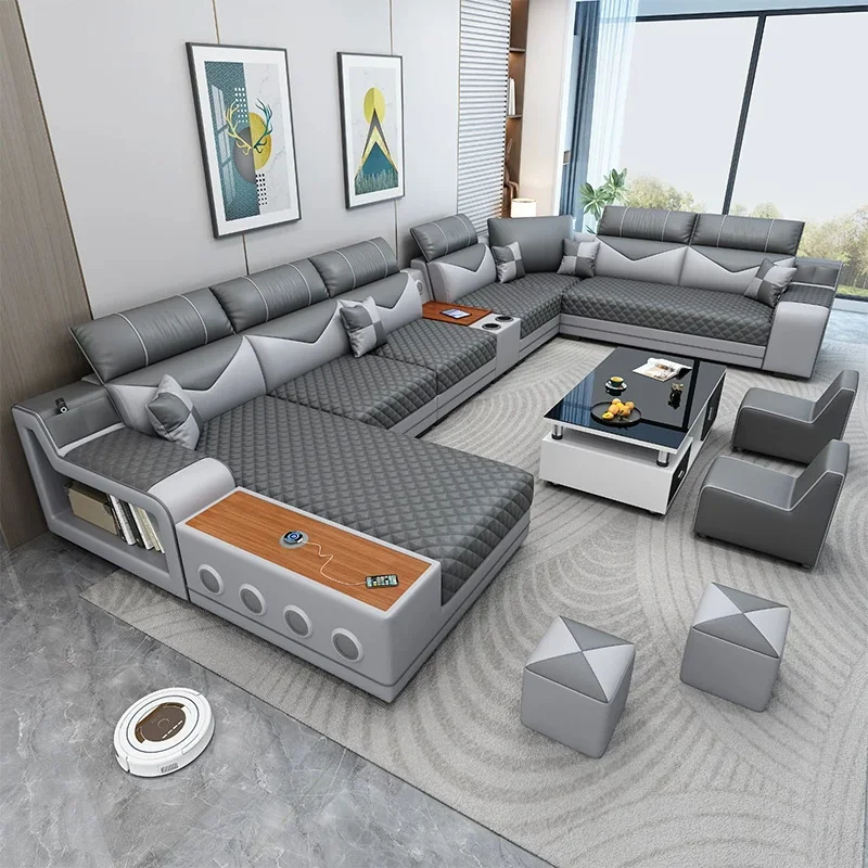 Modern U-Shaped Fabric Sectional Sofa Set with Console,Speaker, USB,Cup Holder and Stools, Large Living Room Couch Furniture Set