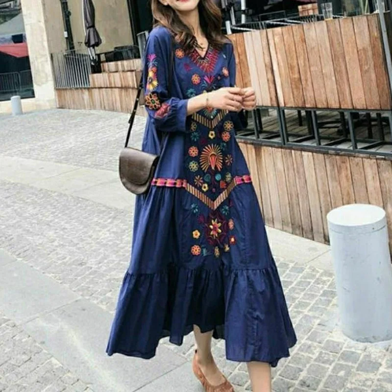 Boho Vintage ethnischen Stil Stickerei Baumwolle Leinen lange Kleider für Frauen 2023 Sommer trend ige Fee lose Strand Urlaub Kleid Robe