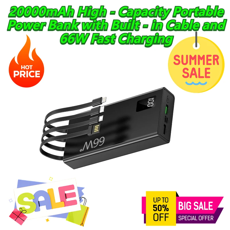 20000mAh High - Capacity Portable Power Bank with Built - in Cable and 66W Fast Charging
