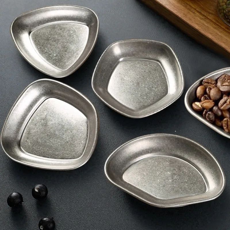 

4Pcs/Set Coffee Bean Weighing Plate Stainless Steel Sauce Dish Plate Irregular Shape Storage Tray Kitchen snack Plate Tableware