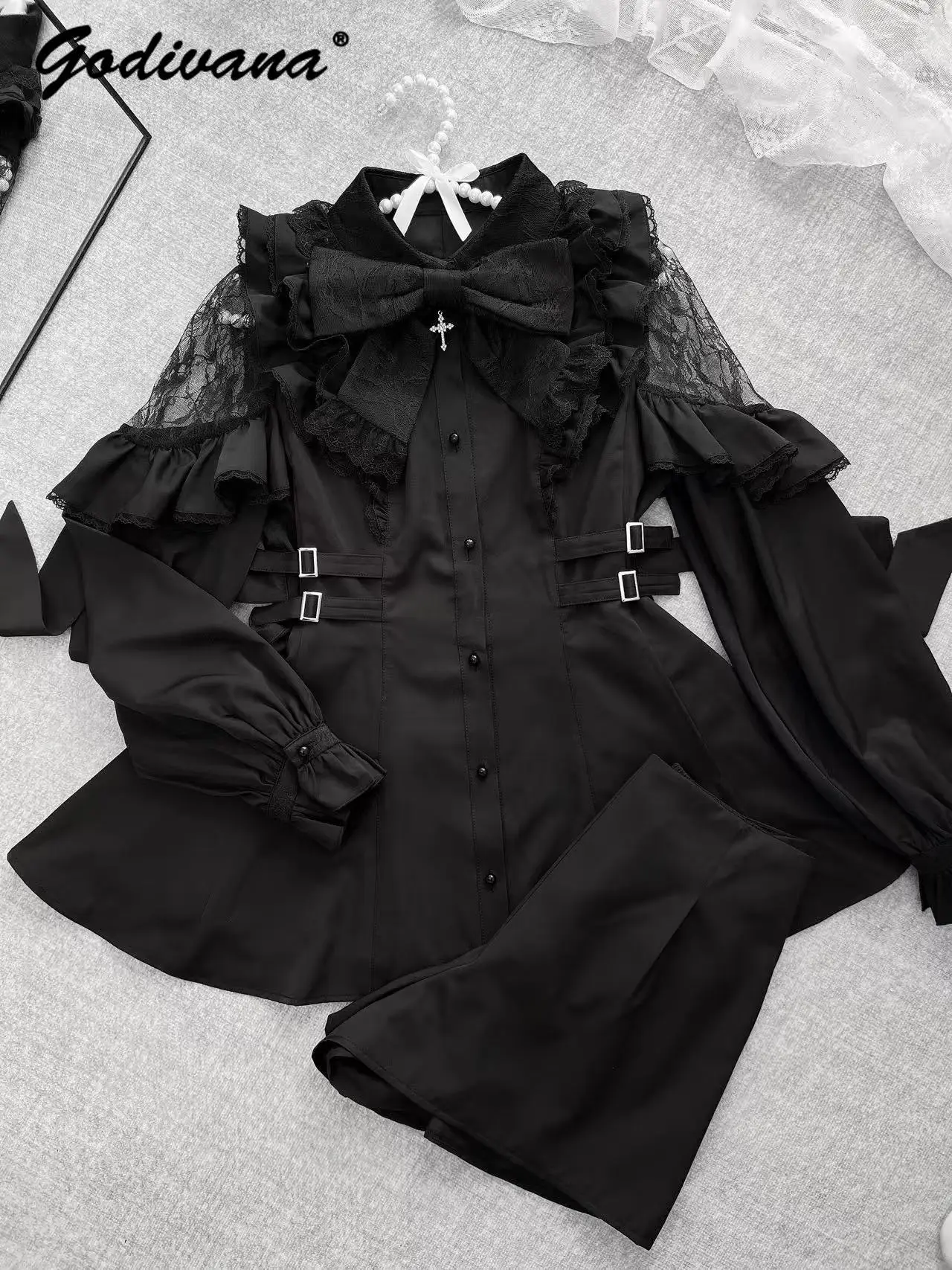 Abito e pantaloncini camicia con fiocco carino a maniche lunghe in pizzo incrociato originale Nuovi abiti Lolita per ragazze femminili primaverili e autunnali giapponesi