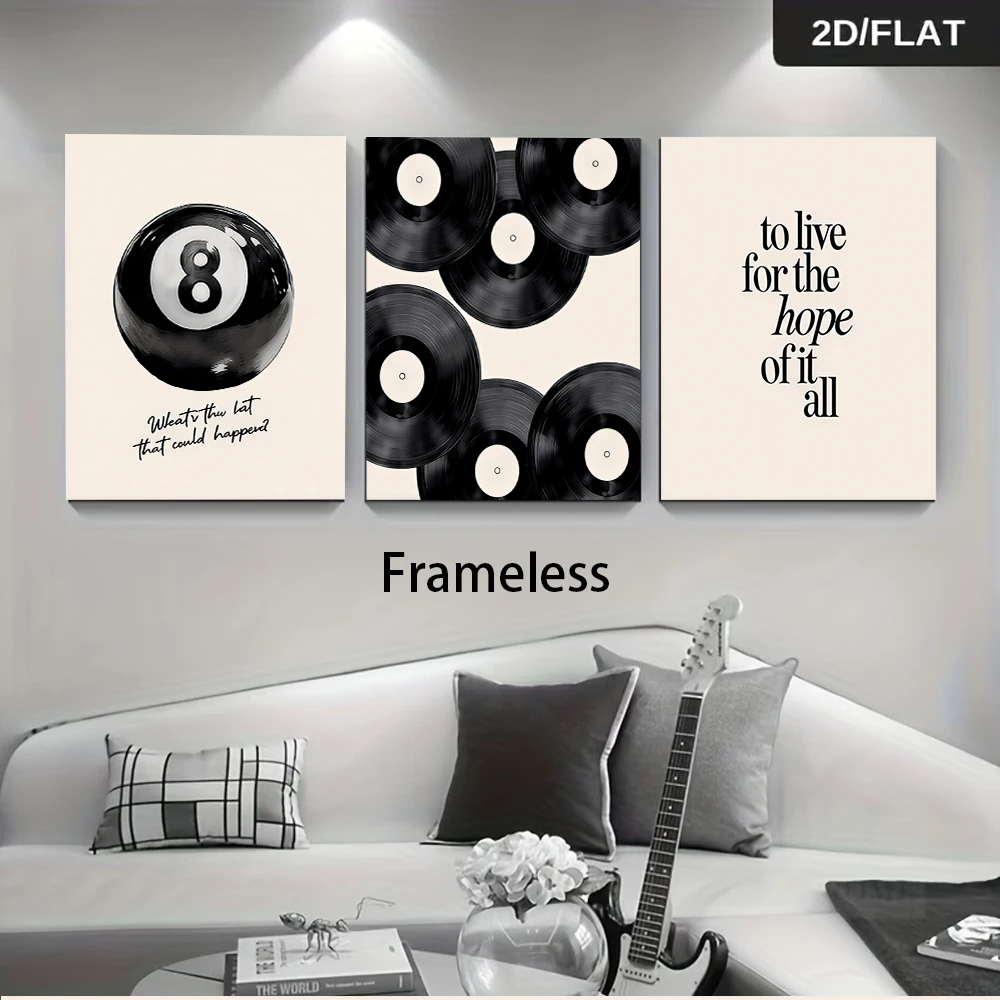 1 set of three-panel frameless decorative paintings featuring billiards records and inspirational English quotes (2D).