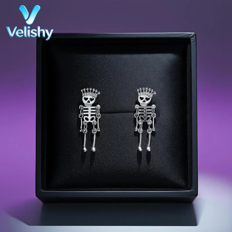 Halloween Spooky Skeleton Drop Earrings 2Pcs Luxury Rhinestone Gothic Jewelry for Women Holiday Gift Party Accessories
