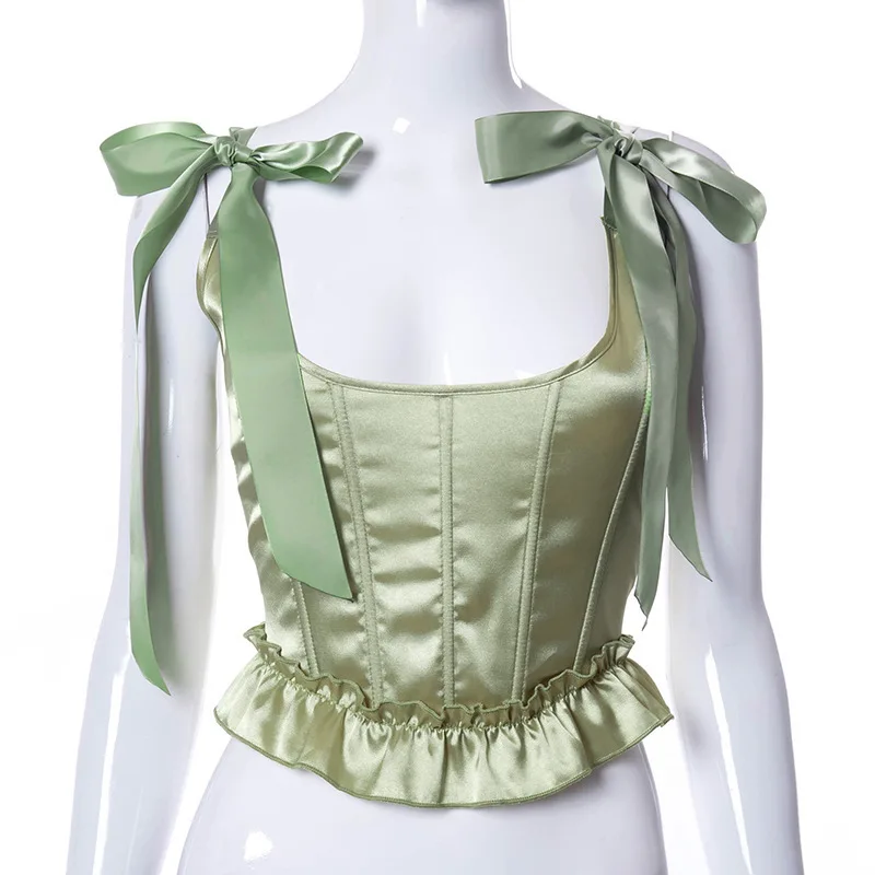 Sexy Women Satin Bowknot Green Corset Tank Tops Lotus Side Halter Bustier Summer Fashion Lingerie Body Shaper Top Slim Fit Camis