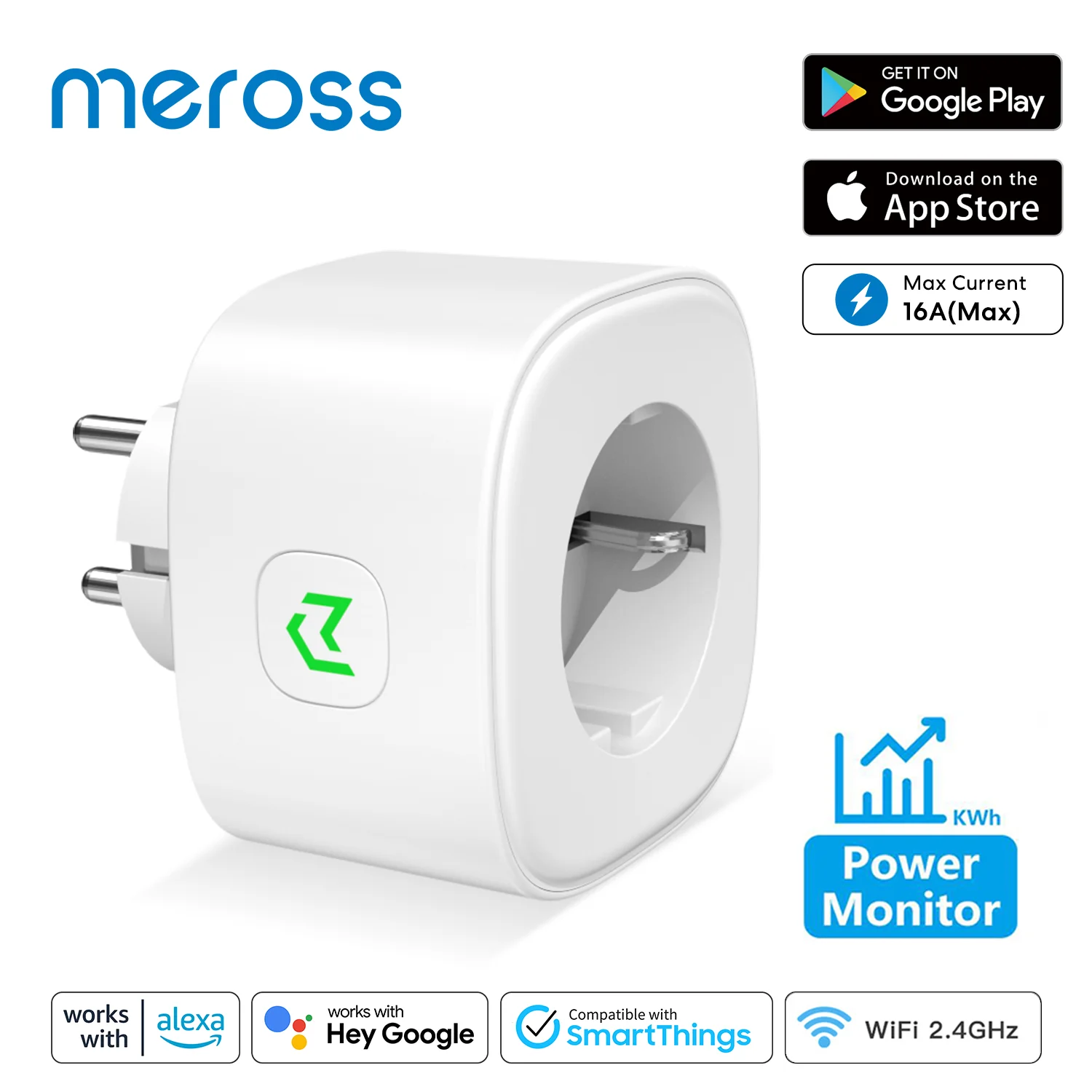 Meross-스마트 플러그 16A EU Wifi 스마트 소켓 콘센트, 전원 모니터링 타이밍 기능 Alexa Google Assistant smartthings와 호환 