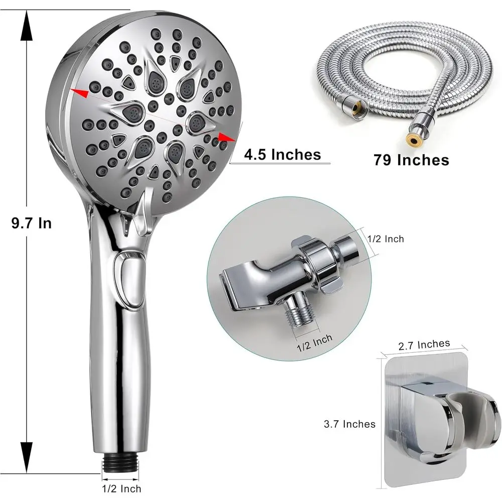 عصا دش عالية الضغط 7 وظائف مع رذاذ طاقة، 79 خرطوم، دعامة، وحامل إضافي، كروم