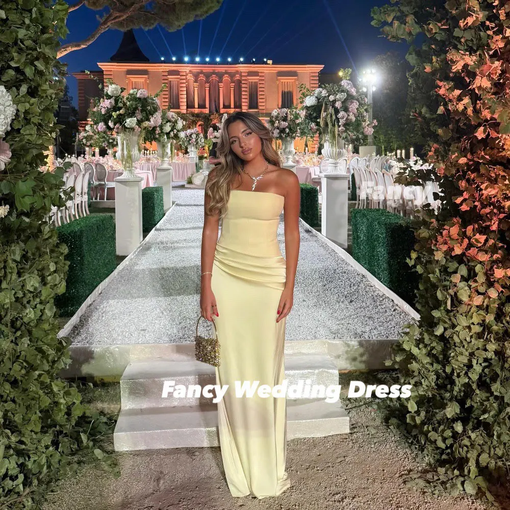 

Fancy Strapless Yellow Evening Dress Saudi Arabia Mermaid Elastic Satin Prom Gown Formal Occasion Dresses Customized