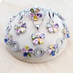 925 Silver Jewelry Sets Colorful Zironia Earrings Rings Pendant Necklace Stones Bridal Bracelets For Women Wedding Set Jewelry